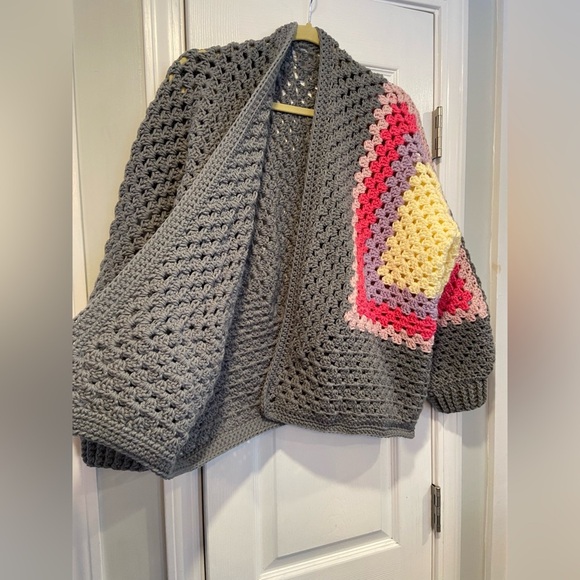 Handmade Crochet Granny Square One Size Cozy Cardigan Boho Chunky Knit Sweater - Picture 4 of 7